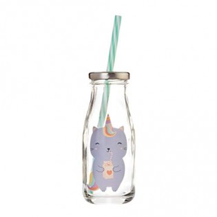Mini Milk Bottle with Straw - Cat
